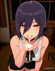 3d ai_generated chainsaw_man cum_on_hand female green_eyes hard_nipples hi_res licking licking_cum looking_at_viewer reze_(chainsaw_man) saliva sleeveless_shirt tagme tongue un0rth0