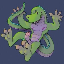 3_fingers action_pose anthro belly curved_penis erection feet fingers genitals glans hi_res lizard long_tail male mozilla mozilla_lizard muscular muscular_male netscape nipples pecs penis pose purple_belly purple_glans purple_nipples purple_penis raised_arms raised_foot ravuer reptile scalie simple_background small_eyes smile solo tail