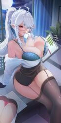 1girls ahoge black_gauntlets black_skirt black_thighhighs blue_bra bra breasts choker clawed_gauntlets cleavage curtains curvy female garter_straps gauntlets geega glasses grey_hair heterochromia indie_virtual_youtuber lanyard large_breasts long_hair looking_at_viewer metworksx moon night office office_lady open_clothes open_shirt pencil_skirt pointy_ears ponytail red_eyes shirt sidelocks single_gauntlet sitting skirt solo thick_thighs thighhighs thighs tits underwear virtual_youtuber vtuber white_shirt window