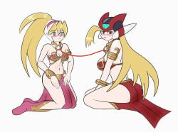 2girls big_breasts bikini black_eyes blackhook bliss_zero blonde_hair blue_eyes blush bra ciel_(mega_man) cosplay genderswap_(mtf) gold_necklace long_hair mega_man mega_man_zero necklace pink_bikini pink_bra red_bikini red_bra red_necklace robot_girl rule_63 slave_leia_(cosplay) small_breasts star_wars white_background