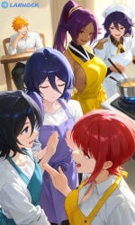 1boy 5girls ai_generated apron bambietta_basterbine black_hair bleach cooking dokugamine_riruka harem harem_outfit ichigo_kurosaki kuchiki_rukia kurotsuchi_nemu lanr0 limousine naked pajamas purple_hair quincy_(bleach) red_hair shihouin_yoruichi sleeping wedding_dress wedding_ring