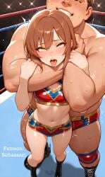 ahe_gao ai_generated blush bodily_fluids brown_hair clenched_teeth defeated dominated domination drooling original_character paid_reward_available patreon ryona sebassart sexy size_difference strangling sweat wrestling wrestling_outfit wrestling_ring wrestlingryona