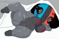 animate_inanimate anthro barefoot bed bedding big_breasts black_sclera blanket breasts canid canine canis crispynecro domestic_dog feet female floppy_ears furniture genitals grey_body grey_eyes looking_at_viewer mammal nintendo nintendo_switch nipples plump_labia smile solo switch_dog switchy_(joaoppereiraus) thick_thighs under_blanket vulva