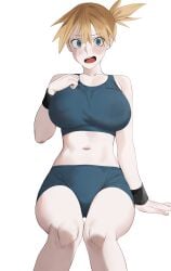 1girl arm_support asymmetrical_hair black_wristband blue_eyes blush bodily_fluids breasts breasts_apart busty completely_nude female female_pubic_hair hair_between_eyes hand_on_chest hand_on_own_chest hand_up invisible_chair kasumi_(pokemon) keiz knees large_breasts looking_at_viewer navel nipples nude open_mouth orange_hair pokemon ponytail pubic_hair short_hair side_ponytail sitting solo sweat sweatdrop tied_hair tongue wristband