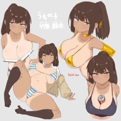 1girls 2025 between_breasts blush boobs_in_book_(meme) brown_hair can competition_swimsuit dark-skinned_female detached_sleeves embarrassed feet gold_bikini grey_background huge_breasts jacket meme micro_bikini nervous original spread_legs sweat swimsuit tanline thighs umitsuki_(kurage_no_shokushu)