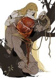2boys ancient_greek_clothes androgynous animal_ears apollo_(mythology) beard blonde_hair bound bound_wrists bracelet brown_hair chinstrap_beard closed_eyes crying dark-skinned_male dark_skin drooling exposed_muscle facial_hair flayed_skin goat_horns gold_bracelet greco-roman_clothes greek_mythology guro highres holding holding_another's_horns holding_knife horns jewelry kneeling knife long_hair looking_at_another male_focus marsyas_(mythology) mature_male multiple_boys muscular muscular_male robe rope rora_(auroradiation) satyr short_hair simple_background tied_up_(nonsexual) tree white_background white_robe yellow_eyes