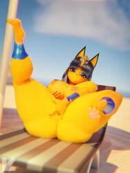 3d 3d_art 3d_render alternate_version_available animal_crossing animal_crossing_new_horizons ankha anthro beach cat cat_girl deckchair egyptian_theme explicit extreme_close-up female fingers_in_pussy furry furry_female highres looking_at_viewer masturbation navel nintendo outdoors pussy pussy_juice scrag_ankha scrag_boy_(model) solo sun_tanning tan_skin umbrella visiuun vulva yellow_skin