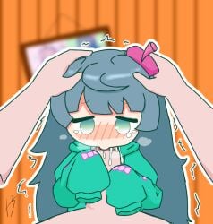 1boy 1girls allison_allister artist_request artist_signature beret blowjob blush blush_lines blushing clothed clothing crying cum cum_in_mouth green_eyes grey_hair hand_on_head long_hair long_sleeves oral oral_penetration oral_sex penis pov shaking sleeves sleeves_past_elbows sleeves_past_fingers sleeves_past_wrists tagme tearing_up tears vivid/stasis