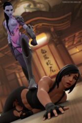 2girls 3d beat_up black_eyes black_hair blender blood blood_on_face bodysuit catfight dark-skinned_female dark_skin defeated dojo female fighting fingerless_gloves foot_on_back gloves hanamura_(map) high_resolution multiple_girls muscle muscular_female overwatch pharah pharah-best-girl torn_bodysuit torn_clothes widowmaker