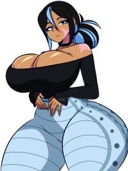 1girl 1girls ass_bigger_than_head big_boobs big_breasts big_hips big_nipples big_thighs black_and_blue_hair black_hair black_shirt blue_eyes blue_iris breasts_bigger_than_head butt_bigger_than_head curvy curvy_figure female female_focus female_only grace_(mg231101778) hourglass_figure hourglass_figured_female huge_boobs huge_breasts huge_hips huge_thighs m.grace mg231101778 nipples original_character pants scars simple_background sky_blue_hair tanned-skinned_female tanned_skin tanned_skinned_female thick_thighs thighs_bigger_than_head tight_clothing tight_pants white_background wide_hips