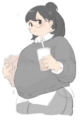 b45ui big_ass blushing bulging_belly buttoned_shirt chubby_cheeks drinking eating_food fat glasses hair_bun nimo nimo22 original_character sweater thick_arms thick_thighs