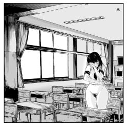 1girls black_hair bottomless classroom desk female hairy_pussy long_hair pubic_hair school schoolgirl shirt smile thick_thighs