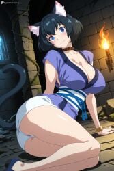 1girl ai_generated animal_ear_fluff animal_ears arm_support ass black_hair blue_eyes blue_footwear blush bracelet breasts candle cat_ears cat_girl cat_tail choker cleavage closed_mouth collar collarbone digitalwaifugallery fire hi_res high_quality high_resolution indoors isekai_meikyuu_de_harem_wo japanese_clothes jewelry kimono large_breasts looking_at_viewer miria_(isekai_meikyuu_de_harem_wo) panties pantyshot patreon sash seductive sexy short_hair short_sleeves shorts sleeveless smile solo tail thighs torch uncensored underwear watermark white_panties white_shorts
