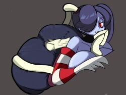 blue_hair blue_skin huge_ass huge_breasts hummerh194 leviathan_(skullgirls) looking_to_the_side on_stomach red_eyes skullgirls sleeping sleeping_on_ass sleeping_on_person squigly zombie_girl