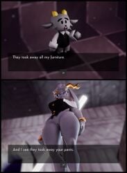 3d 3d_(artwork) bangs bottomless braided_hair breasts bunny butler_(pseudoregalia) calit00oo caprine cat comic dialogue dialogue_box dialogue_bubble exposed_pussy felid feline female fingers floppy_ears fur furry genitals goat gold_(metal) gold_jewelry hair high_resolution highres holding_object holding_weapon horns humanoid_genitalia humanoid_vulva hybrid jackalope jewelry leporid looking_at_another looking_down mostly_nude nude nude_female presenting_pussy pseudoregalia purple_eyes pussy rabbit rabbit_ears revealing sybil_(pseudoregalia) tagme topwear vest video_games voluptuous voluptuous_female