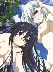 armpits ass_length_hair beach blue_hairclip blue_sky date_a_live hair_between_eyes hair_over_one_eye hairclip medium_breasts naked_females nipples nude_edit nude_male_clothed_female palm_trees purple_hair pussy reddit shoulder_length_hair thin_female tits tobiichi_origami tohka white_clouds white_hair yatogami yatogami_tohka