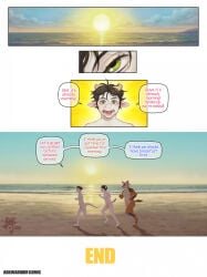 anthro ari_(ark_warrior) ark_warrior balls beach blush canid canine canis comic dialogue digital_media_(artwork) dragon english_text flaccid foreskin fur furred_dragon furred_scalie genitals group hair hi_res humanoid_genitalia humanoid_penis hybrid jackal male mammal mythological_creature mythological_scalie mythology nude outdoor_nudity outside penis procyonid raccoon running sand santi_(ark_warrior) scalie seaside speech_bubble tail tame_(tamekaze) text tight_foreskin trio waking_up water