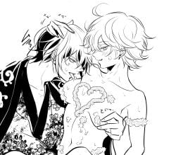 1boy 1girls blush canon_genderswap clothed_male_nude_female covered_nipples cream cream_on_breasts female food food_on_body food_play genderswap_(mtf) ginko_sakata gintama gintoki_sakata hand_on_another's_head kimono male medium_breasts monochrome nipple_tweak nude nude_female podo_dano rule_63 short_hair smile takasugi_shinsuke whipped_cream