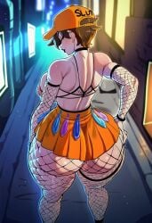 1girls ai_generated alternate_costume ass condom_belt detached_sleeves erynndreams fishnets functionally_nude hat huge_ass huge_breasts lips looking_back night overwatch prostitute prostitution skirt thighhighs tracer