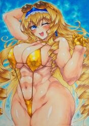 1girls abs arm_behind_head armpits big_breasts bikini blue_eyes blush breasts busty cecilia_alcott child_bearing_hips cleavage confident covered_nipples drill_hair erect_nipples_under_clothes female female_only gloves gold_bikini highres infinite_stratos large_breasts legs long_hair looking_at_viewer muscular muscular_female navel one_eye_closed open_mouth pose posing sensual sexy sideboob slingshot_swimsuit smile solo sunglasses_on_head swimsuit teeth thick_thighs thighs tongue traditional_media very_long_hair voluptuous wet wide_hips wink