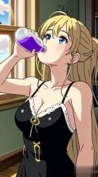 ai_generated blonde_hair blue_eyes breast_expansion breast_growth breasts cleavage drinking drinking_potion expansion female female_only ponytail potion potion_bottle snapperai tagme video