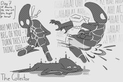 backshots bondage collector_(hollow_knight) four_arms genderless h4llx hollow_knight hollow_knight_(franchise) no_mouth non-binary pussy restrained tied_arms tied_legs tied_up unknown_character vibrator_in_pussy