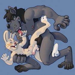 abdominal_bulge anal anal_penetration anthro armpit_hair black_hair black_nose body_hair canid canine canis duo erection genitals glans hair hi_res lagomorph leporid long_feet male male/male mammal muscular muscular_male nipples penetration penis pink_glans pink_nipples pubes pulling_tongue rabbit ravuer sex simple_background smile soyuzmultfilm teasing volk_(wjyw) well_just_you_wait! whiskers wolf zayats_(wjyw)