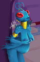 absurd_res alien alien_humanoid anthro arthropod big_breasts blue_body blue_skin breasts female hi_res humanoid insect nude pose pregnant pregnant_female red_eyes solo thraxan walanobo
