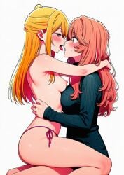 2girls ai_generated bedroom_eyes blonde_female breasts hoshino_ruby oshi_no_ko partially_nude saitou_miyako shocked_expression sitting_on_lap step-incest stepdaughter stepmother tongue_out yuri