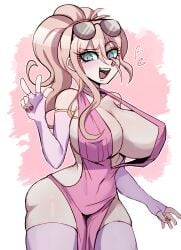 1girls ahoge alternate_costume alternate_hairstyle antenna_hair big_breasts blonde_hair blue_eyes busty busty_female choker cleavage curvy danganronpa danganronpa_v3 dress female fingerless_gloves glasses glasses_on_head hair_between_eyes heart hourglass_figure huge_breasts iruma_miu large_breasts looking_at_viewer loose_clothes narrow_waist navel_visible_through_clothes nipple_bulge nipple_outline official_alternate_costume official_alternate_hairstyle open_mouth peace_sign perfect_body perky_breasts pink_dress ponytail raydeluxxxe raygrillmasta7 shoulder_gloves skindentation slim_waist smile solo stockings thighhighs voluptuous voluptuous_female wavy_hair wide_hips