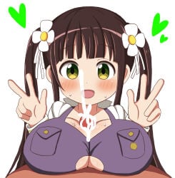 1boy 1girl bikini blush breast_pocket breasts brown_hair commentary_request double_w flower gochuumon_wa_usagi_desu_ka? green_eyes hair_flower hair_ornament heart hetero hiko_(pixiv52017316) huge_breasts long_hair looking_at_viewer op_chiya_(gochiusa) open_mouth paizuri paizuri_under_clothes penis pocket pov purple_bikini saliva smile solo_focus swimsuit twintails ujimatsu_chiya w white_background