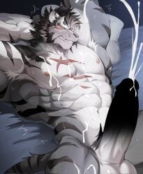 1boy abs animal_ears ao_(chung0u0) armpit_hair armpits arms_behind_head arms_up bara biceps black_fur black_hair blush claws clenched_teeth closed_eyes completely_nude cross_scar cum cum_on_body cum_on_legs english_commentary erection fangs furry furry_male highres looking_at_viewer lying male_focus male_pubic_hair muscular muscular_male navel nipples nude on_bed pectorals penis penis_peek pubic_hair saliva scar scar_on_chest scar_on_face scar_on_stomach sdorica smile tail teeth testicles tiger_boy tiger_ears tiger_stripes tiger_tail tongue tongue_out topless_male yao_(sdorica)