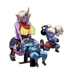 1futa 2girls bench_press big_breasts bra crop_top dumbbell female hooves horn league_of_legends oppmann poppy shorts shortstack size_difference soraka squatting tristana weightlifting weights yordle