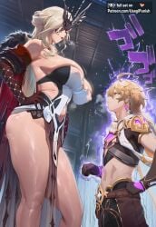 1boy 1girls 2026 aether_(genshin_impact) ai_generated anime ass aura big_ass big_breasts big_butt big_tits blonde_hair boobs breasts busty curvaceous curvy curvy_female curvy_figure facing_another female genshin_impact high_quality high_resolution highres hoyoverse indoors large_ass large_boobs large_butt large_tits lipstick mihoyo mihoyo_technology_(shanghai)_co._ltd. navel nipples_visible_through_clothing shiny_skin short_male signora_(genshin_impact) size_difference tall_female thighs tits usagipunish voluptuous wide_hips
