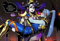 2girls ai_generated ancient_greek_clothes black_hair blue_skin blush carrying colored_skin earrings english_text erection gorget hades_(game) heart megaera_(hades) multiple_girls nyx_(hades) penis ponytail princess_carry skull tillian uncensored wings yellow_eyes