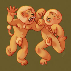 anthro armpit_hair body_hair chest_tuft claws dancing duo felid flaccid foreskin fur genitals hairy hi_res lion male mammal mane muscular muscular_male pantherine pecs penis pubes ravuer roaring silly silly_face simple_background tuft yellow_body yellow_fur yellow_skin