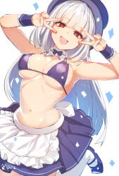 1girls bra breasts breasts_out capcom_fighting_jam female ingrid_(capcom) long_hair medium_breasts midnight_bliss peace_sign purple_bra red_eyes street_fighter street_fighter_6 thighhighs white_hair white_thighhighs