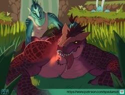 3boys adventurer_(small_on_top) anthro arm_support ass biceps blue_scales blush bodily_fluids breath carnotaurus claws clothed clothing dinosaur drooling duo fangs finger_claws flower from_behind_position fur gay grass hair horn humping imminent_sex looking_back looking_pleasured lying male male/male male_only mammal muscular muscular_anthro muscular_male nude on_front on_ground open_mouth outside pecs prone_bone_position pulling_hair red_body red_eyes red_scales reptile saliva saliva_drip saliva_on_tongue scales scalie sex sharp_teeth size_difference small_dom_big_sub small_on_top spedumon spikes spikes_(anatomy) sweat tongue tongue_out touching_hair triceps waterfall