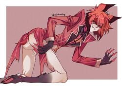 1boy alastor_(hazbin_hotel) artist_request ass ass_focus black_hair butt butt_focus demon hazbin_hotel male male_only presenting presenting_hindquarters red_background red_eyes red_hair simple_background solo solo_male tagme two-tone_hair