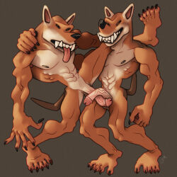 abs anthro athletic belly black_nipples canid canine canis claws curved_penis duo erection fangs fur genitals glans hi_res intertwined jackal male male/male mammal muscular muscular_male nipples pecs penis pink_glans ravuer sharp_teeth silly_pose simple_background smile tan_body tan_fur teeth tongue tongue_out vein veiny_penis white_belly