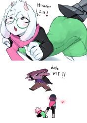 ambiguous_gender artist_request caught_in_the_act clothed deltarune domination femboy_focus femboysub kris_(deltarune) malesub ralsei ralsei_with_white_fur shocked_expression stepped_on submissive_male susie_(deltarune)