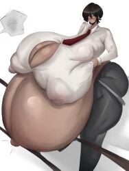 1girls belly_overhang blush breasts brown_eyes brown_hair caitdrawsstuff2 dark-skinned_female embarrassed erect_nipples female gigantic_breasts grabbing_own_breast huge_nipples hyper hyper_pregnancy limbus_company mayternity nipples_visible_through_clothing outis_(limbus_company) popped_navel pregnant project_moon thick_thighs tie wide_hips work_uniform