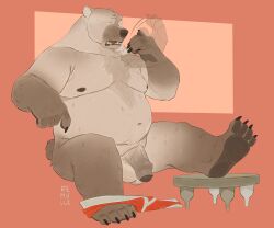2026 absurd_res anthro balls bear belly bodily_fluids clothed clothing clothing_around_one_leg eyes_closed flaccid foreskin fur genitals gesture grey_body grey_fur grolar_bear hi_res humanoid_genitalia humanoid_penis hybrid male male_anthro mammal moobs mostly_nude mostly_nude_anthro mostly_nude_male nipples open_mouth overweight overweight_anthro overweight_male partially_clothed penis remulle_(artist) sitting solo sweat sweatdrop tail teeth tongue underwear underwear_around_one_leg underwear_down ursine waving