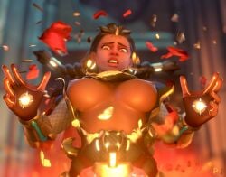 1girls 3d big_breasts blizzard_entertainment breasts dark-skinned_female dark_skin female female_only illari_(overwatch) latina nipples overwatch solo tagme_(artist) wardrobe_malfunction