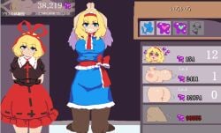 1girl 2girls alice_margatroid animated arms_behind_back arms_up ass black_pantyhose black_shirt blonde_hair blue_dress blue_eyes blush bound bow breast_expansion breasts bug capelet closed_mouth collared_shirt completely_nude concept dress emoji english_text flat_colors frilled_ascot frilled_hairband frilled_shirt_collar frilled_skirt frills full_body gameplay_mechanics hair_between_eyes hair_bow hair_ribbon hairband heart huge_breasts kneeling large_breasts livestream lolita_hairband looking_at_viewer medicine_melancholy medium_hair multiple_girls multiple_views necktie nipples nude pantyhose puffy_short_sleeves puffy_sleeves red_bow red_hairband red_necktie red_ribbon red_skirt ribbon sash shirt short_hair short_sleeves skirt smile solo standing takorin touhou touhou_project user_interface white_capelet wip