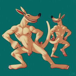 action_pose anthro black_nose caricature duo erection feet foreskin foreskin_play foreskin_pull genitals hi_res kangaroo long_feet macropod male mammal marsupial muscular muscular_male nipples pecs penis pose ravuer red_nipples running silly_face silly_pose simple_background smile tan_body tan_skin