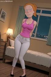 1girl adult_swim ai_generated arms_behind_back bed bedroom blush breasts cleavage denim hi_res high_quality high_resolution indoors mature on_bed orange_hair pants patreon patreon_username pillow seductive sexy solo spicytoonai summer_smith tank_top uncensored watermark web_address window