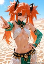 1girl ai_generated bangs bare_shoulders blue_sky breasts cowboy_shot day detached_sleeves eyepatch grin hair_between_eyes hand_on_hip kermixx koleda_belobog long_hair looking_at_viewer medium_breasts navel orange_eyes orange_hair outdoors pointing pointing_at_viewer sand sharp_teeth sky smile solo sun teeth twintails wet zenless_zone_zero