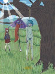 2girls amateur_artist asphyxiation bad_anatomy bad_shading blue_eyes blue_hair corpse crying crying_with_eyes_open dead death decerebrate flat_chest flat_chested gore guro hanging hanging_from_branch heterochromia karakasa_obake kogasa_tatara kogasa_tatara_(umbrella) mountain mountains naked noose piss pubic_hair purple_umbrella rainbow red_eyes red_hair sara_gimaru scenery sekibanki self_harm self_harm_scars sunlight sunlight_rays sunrays tatara_kogasa touhou touhou_project