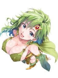1girls big_breasts blue_eyes breasts breasts_out covered_nipples exposed_breasts female final_fantasy final_fantasy_iv from_above green_hair large_breasts long_hair rydia yokoyama_kouji